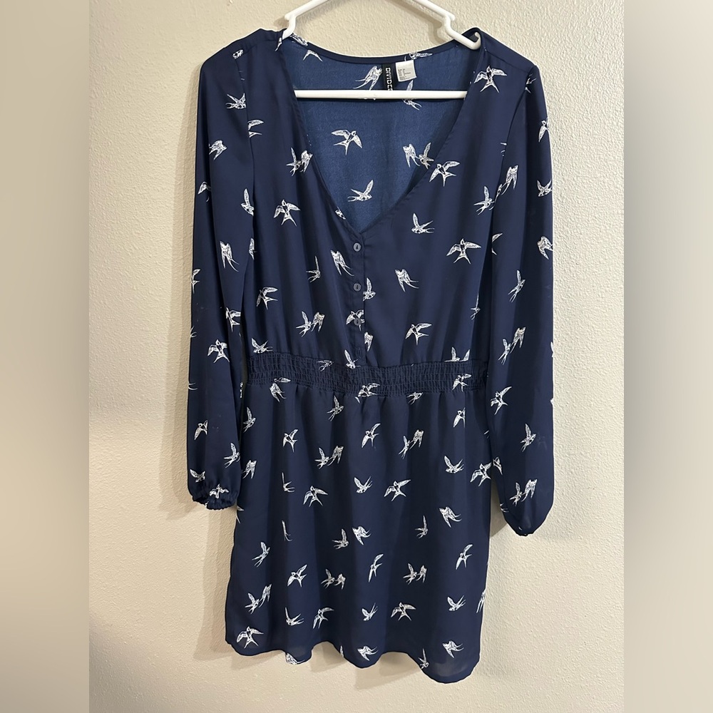 Divided by H&M Navy Blue Long Sleeve Bird Print Tunic Dress